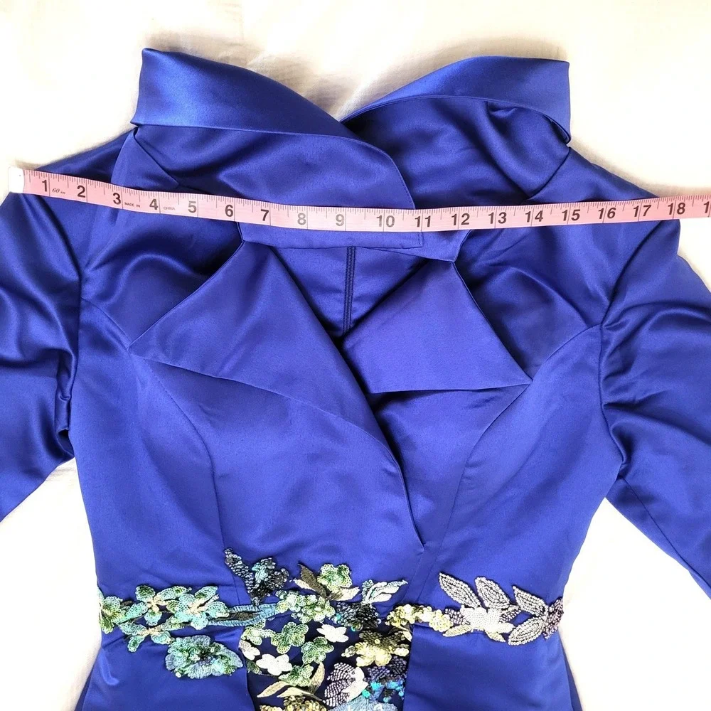 Glamora Royal Blue Satin Sheath Embroidered Sequin Gown Portrait Collar Train 8 - Picture 10 of 16